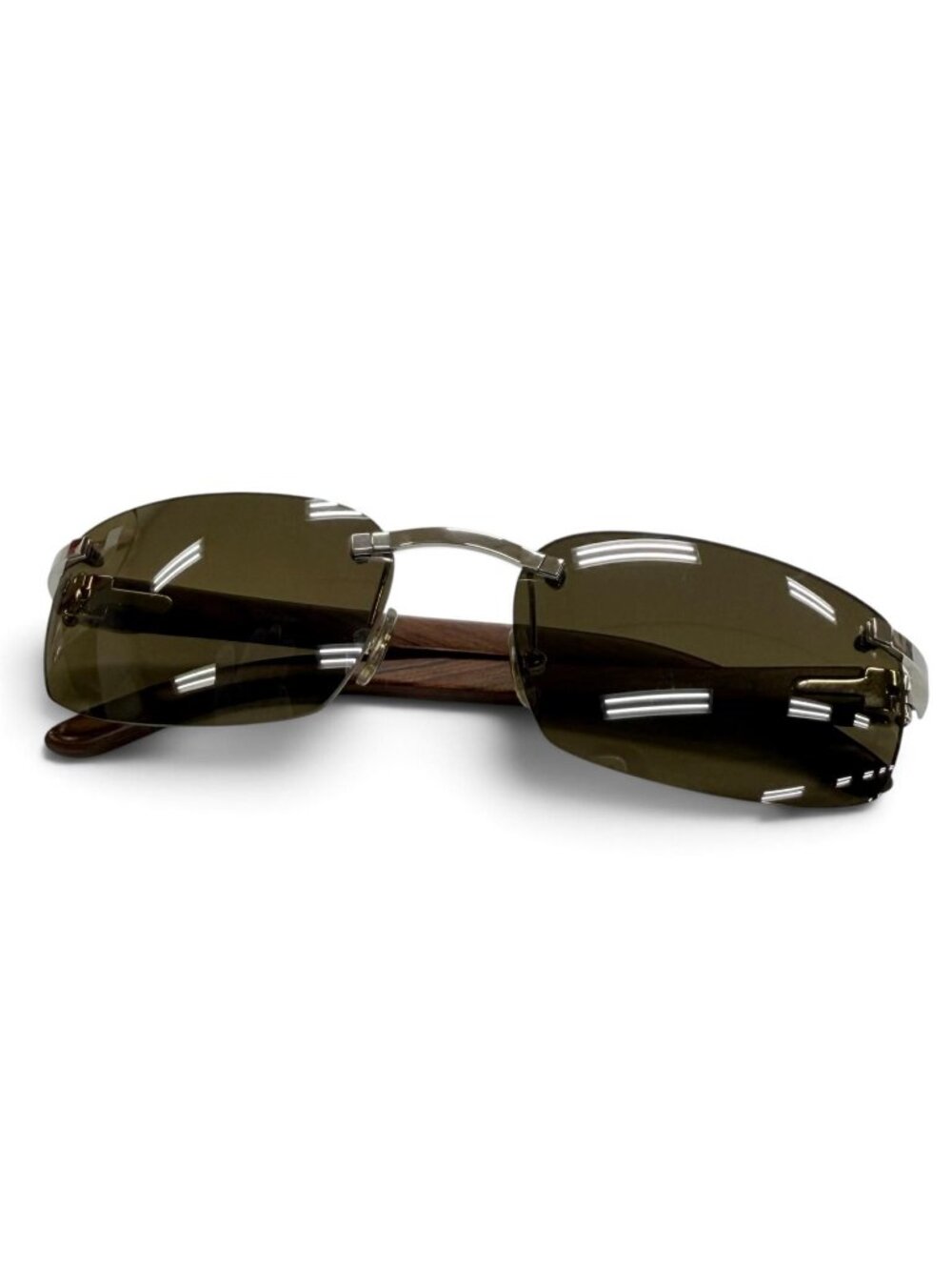 Cartier Rimless Two Point Wood Temple Sunglasses Brown Silver 18 Eyewear